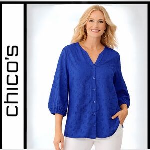 Chico’s Like New Textured Dot Blouse Cobalt Blue 3/4 Sleeve Size 4 XXL